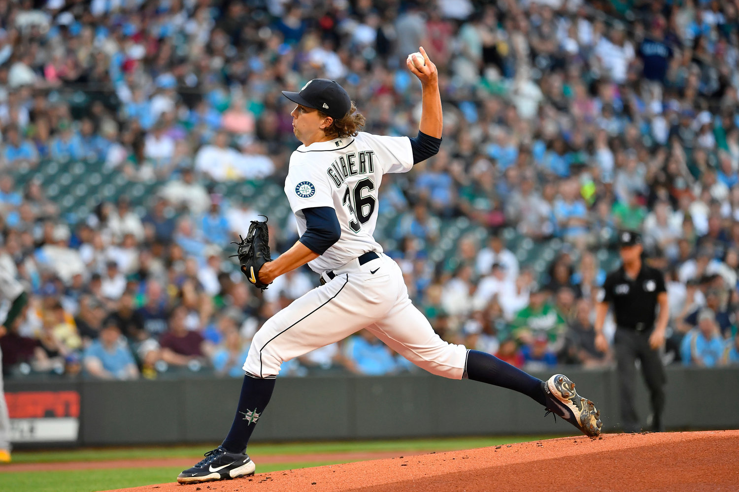 Logan Gilbert of the Seattle Mariners throws a pitch during the first inning against the Oakland Athletics at T-Mobile Park on Saturday, July 24, 2021, in Seattle.