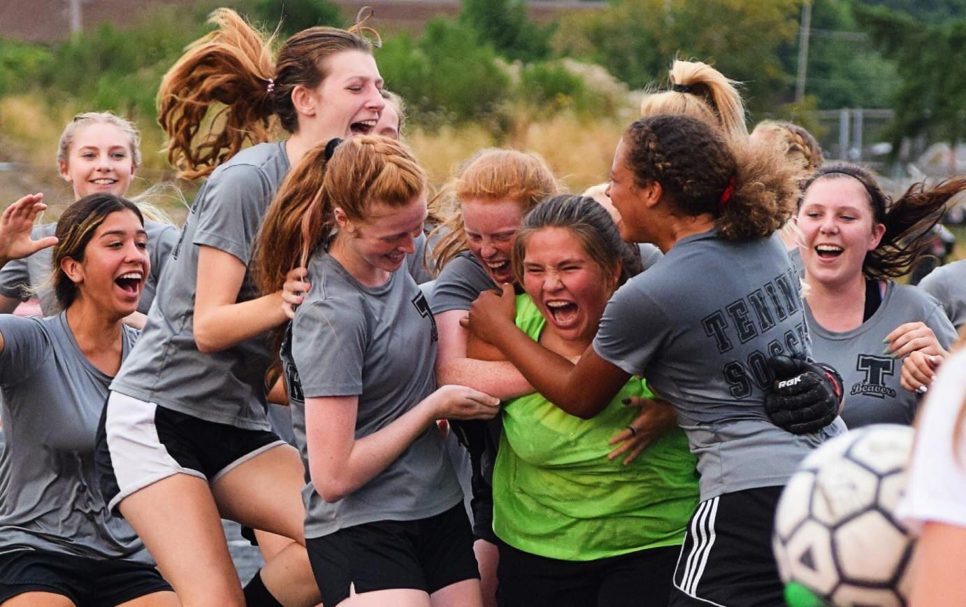 Tenino girls soccer celebrates after defeating W.F. West 4-2 in a penalty-kick shootout on Saturday in Tenino.