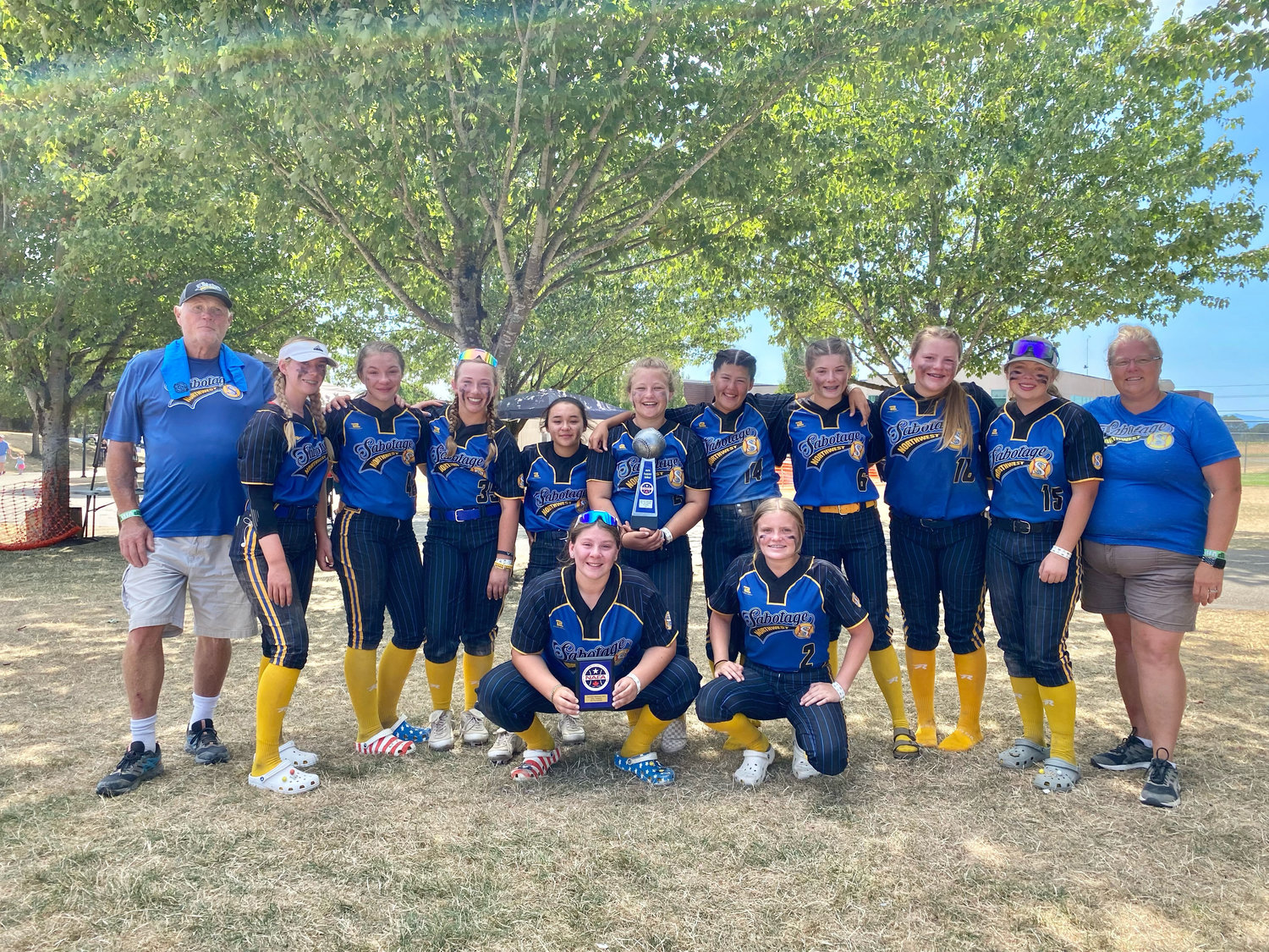 Sabotage NW 14U Fastpitch placed third out of 19 teams at the 2021 North American Fastpitch Association 14U National Championships this past weekend in Newberg Oregon. The ladies went 7-2 during the four-day tournament to claim the third-place trophy. Pictured from top left, coach Ken Sack, Ava Rodman, Hollynn Wakefield, Makenzie Erickson, Sophia Wiggs, Chloe Bonomi, Jordan Billie, Kylee Lyons, Payton Baumel, Addison Fox, coach Shannon Baumel. Bottom from left, Sophia Milanowski, Brooklyn Sprague.