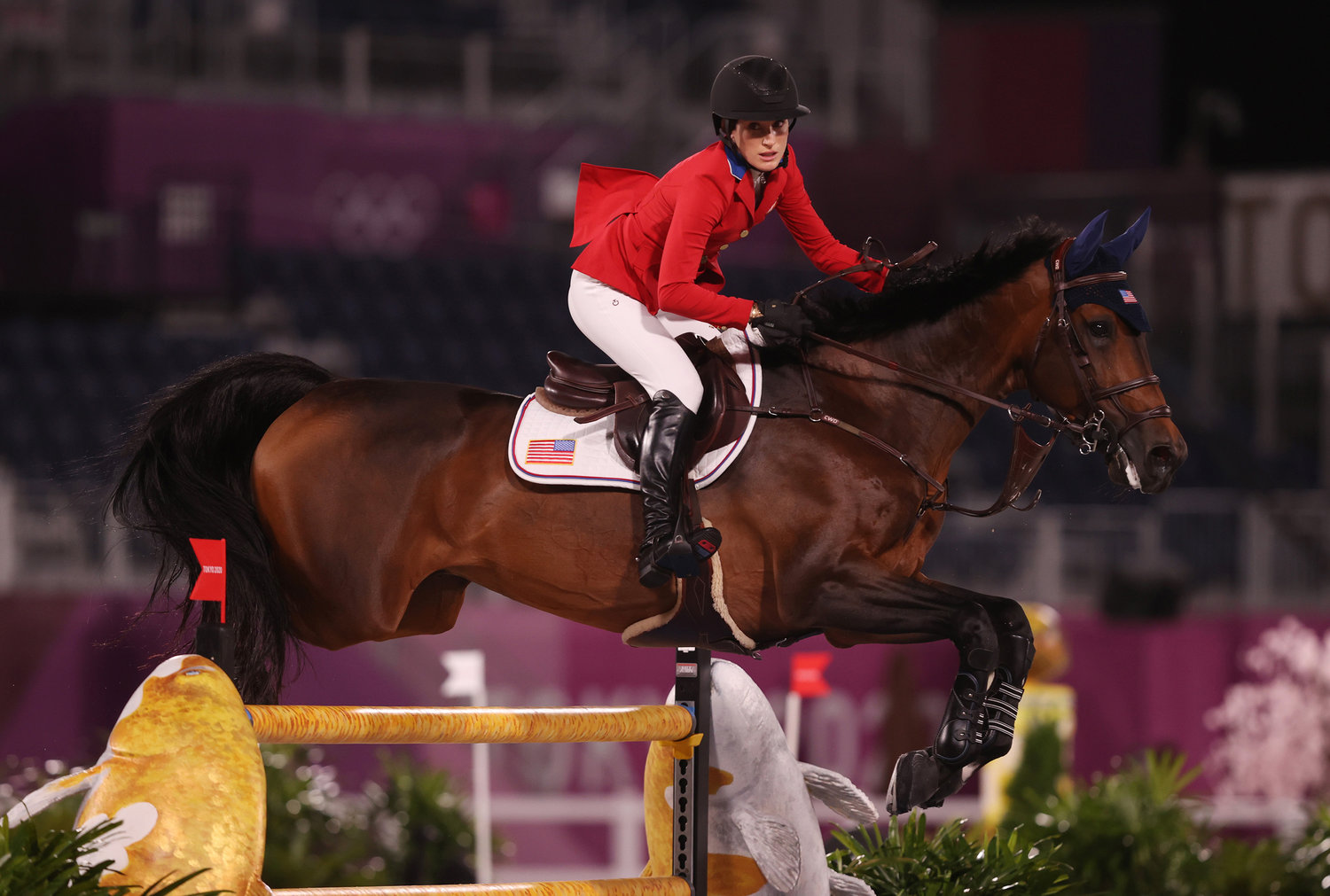 Jessica Springsteen of Team United States, riding Don Juan Van De Donkhoeve, competes during the Jumping Individual Qualifier on day 11 of the Tokyo 2020 Olympic Games at Equestrian Park on Tuesday, Aug. 3, 2021 in Tokyo, Japan.