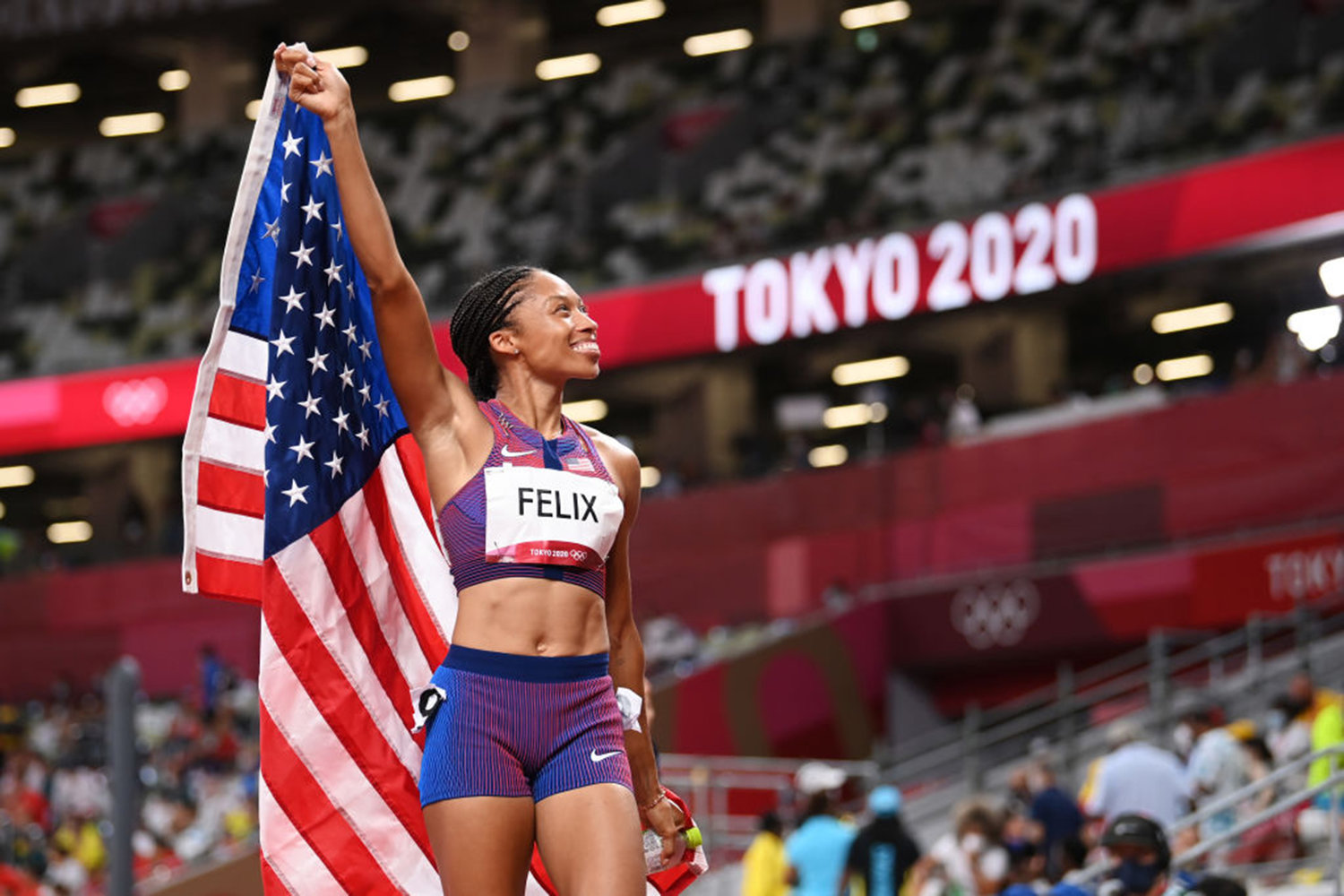 Allyson Felix of Team USA reacts after winning the bronze medal in the Women's 400m Final on day fourteen of the Tokyo 2020 Olympic Games at Olympic Stadium on August 6, 2021 in Tokyo, Japan. (Matthias Hangst/Getty Images/TNS)