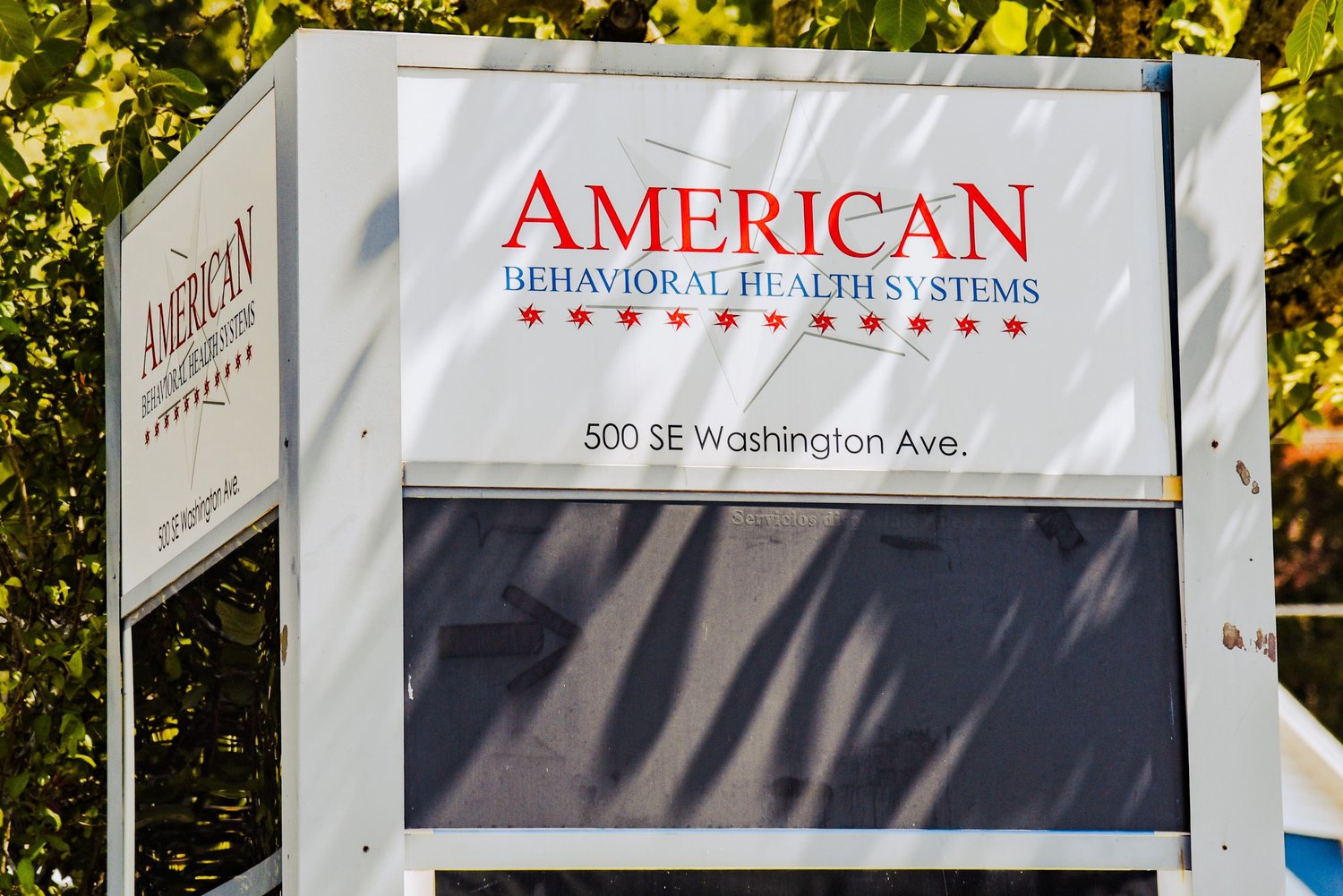 Signage for American Behavioral Health Systems is displayed at 500 SE Washington Ave. in Chehalis.