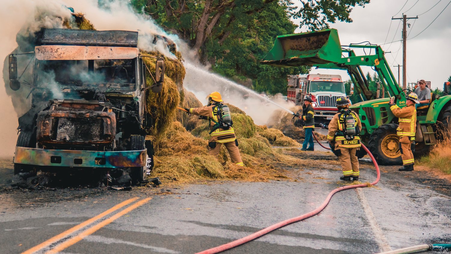 Highway 603 was closed Saturday afternoon when a truck hauling hay caught fire. Lewis County Fire District 6 was the primary responder to the blaze, which occurred near the intersection of Tune Road. No injuries were reported.