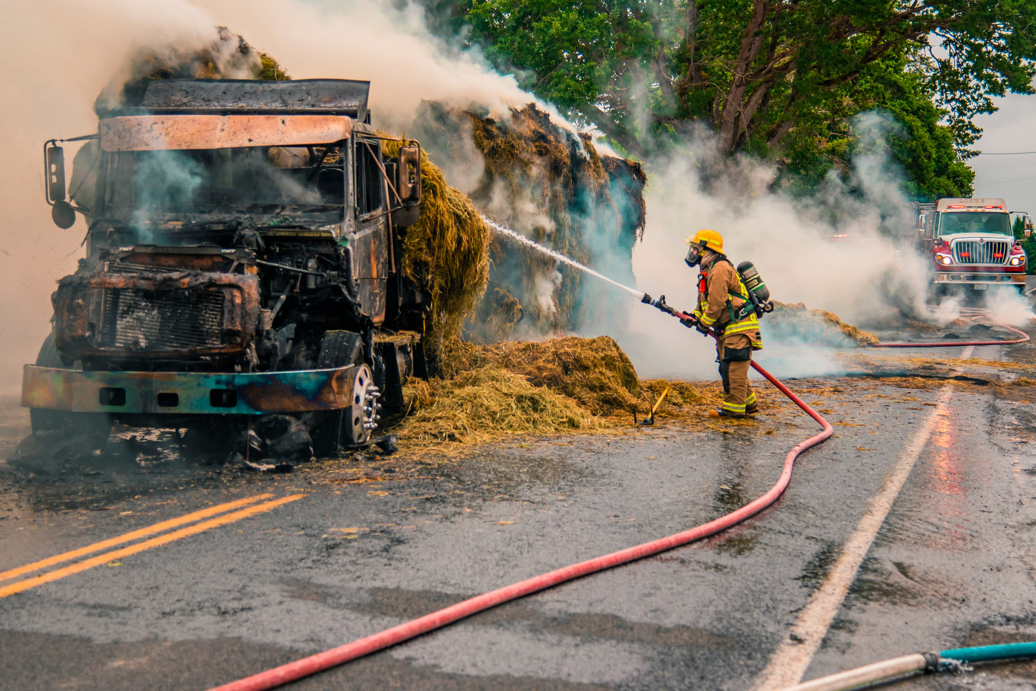 A hay truck fire drew a response from firefighters on Highway 603 at the intersection of Tune Road on Saturday.