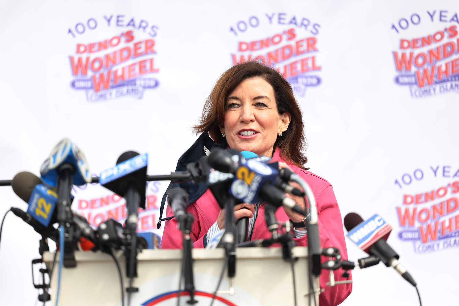 New York Lieutenant Governor Kathy Hochul speaks during a Coney Island parks reopening event in the Coney Island neighborhood of Brooklyn borough on April 9, 2021, in New York City. (Michael M. Santiago/Getty Images/TNS)