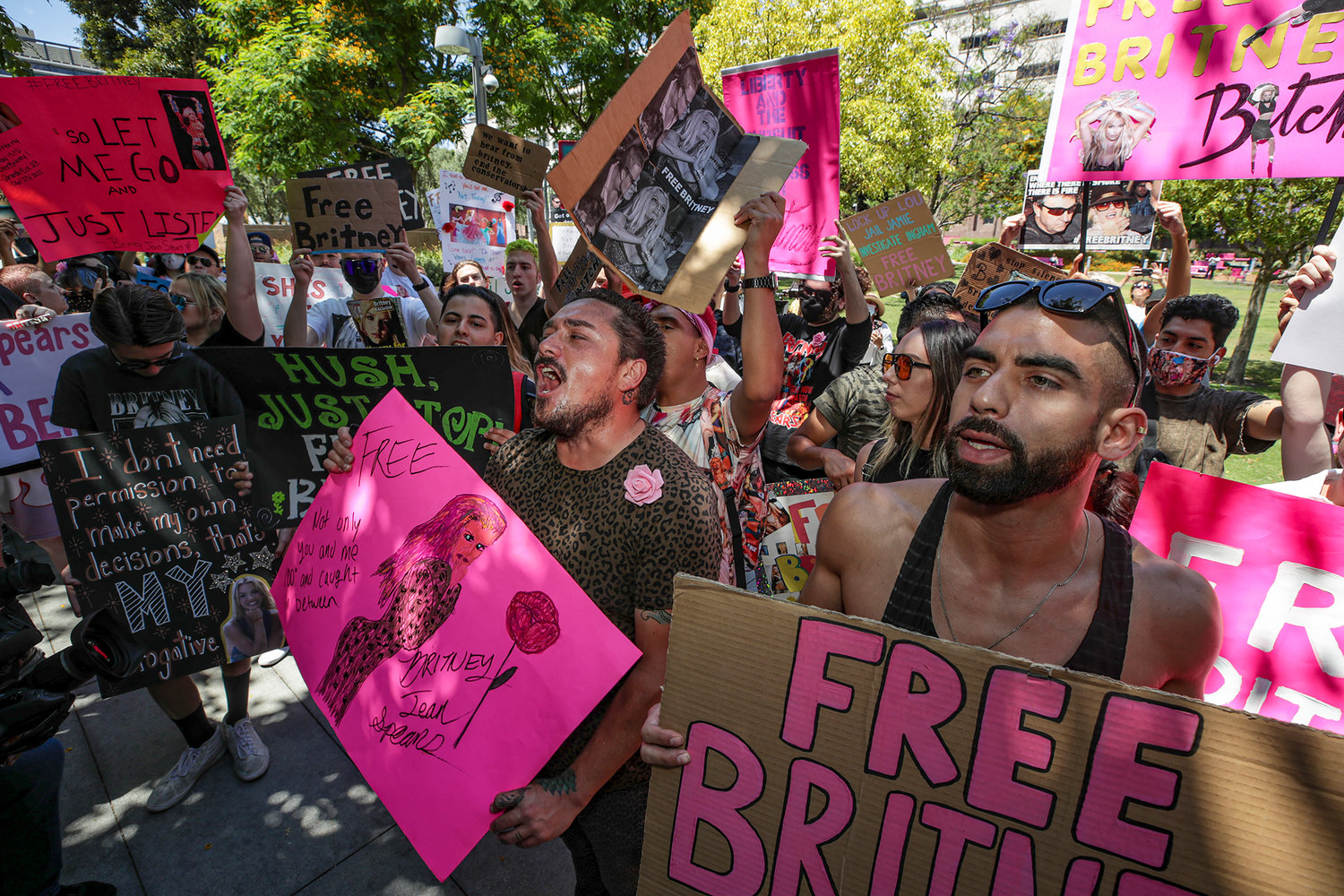 Supporters of Britney Spears rally as a hearing on the pop singer's conservatorship case takes place at Stanley Mosk Courthouse on June 23, 2021, in Los Angeles. (Irfan Khan/Los Angeles Times/TNS)