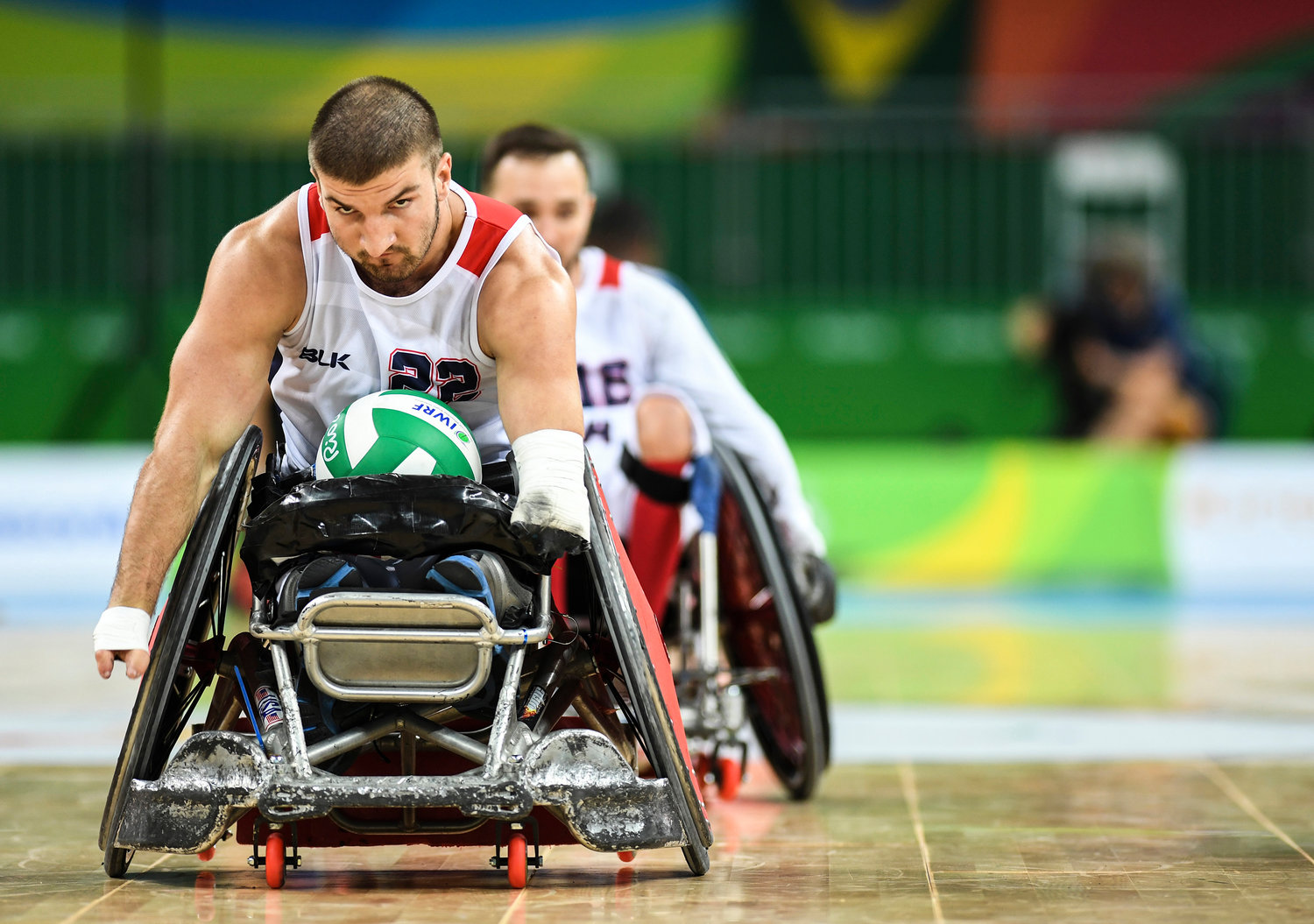 Kory Puderbaugh of United States competes during the Wheelchair Rugby match between the United States and France at the Carioca Arena 1 on day 7 of the Rio 2016 Paralympic Games in Rio de Janeiro, Brazil.