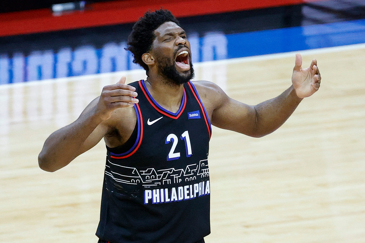 Joel Embiid of the Philadelphia 76ers celebrates during the third quarter against the Washington Wizards during Game 2 of the Eastern Conference first-round series at Wells Fargo Center in Philadelphia on May 26, 2021. (Tim Nwachukwu/Getty Images/TNS)
