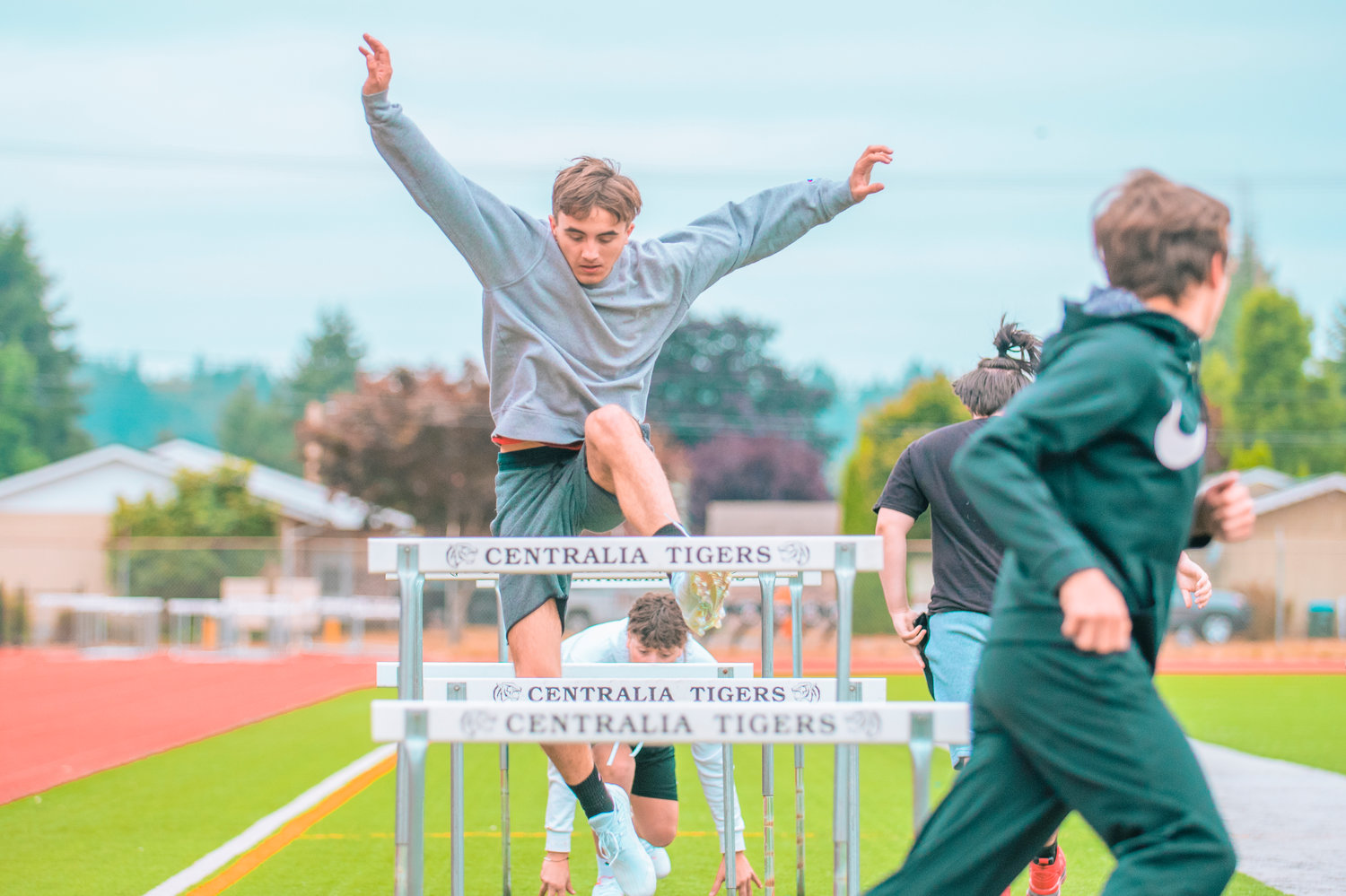 Centralia's Caiden Sobolesky leaps over a hurdle during the opening day of football practice on Wednesday.