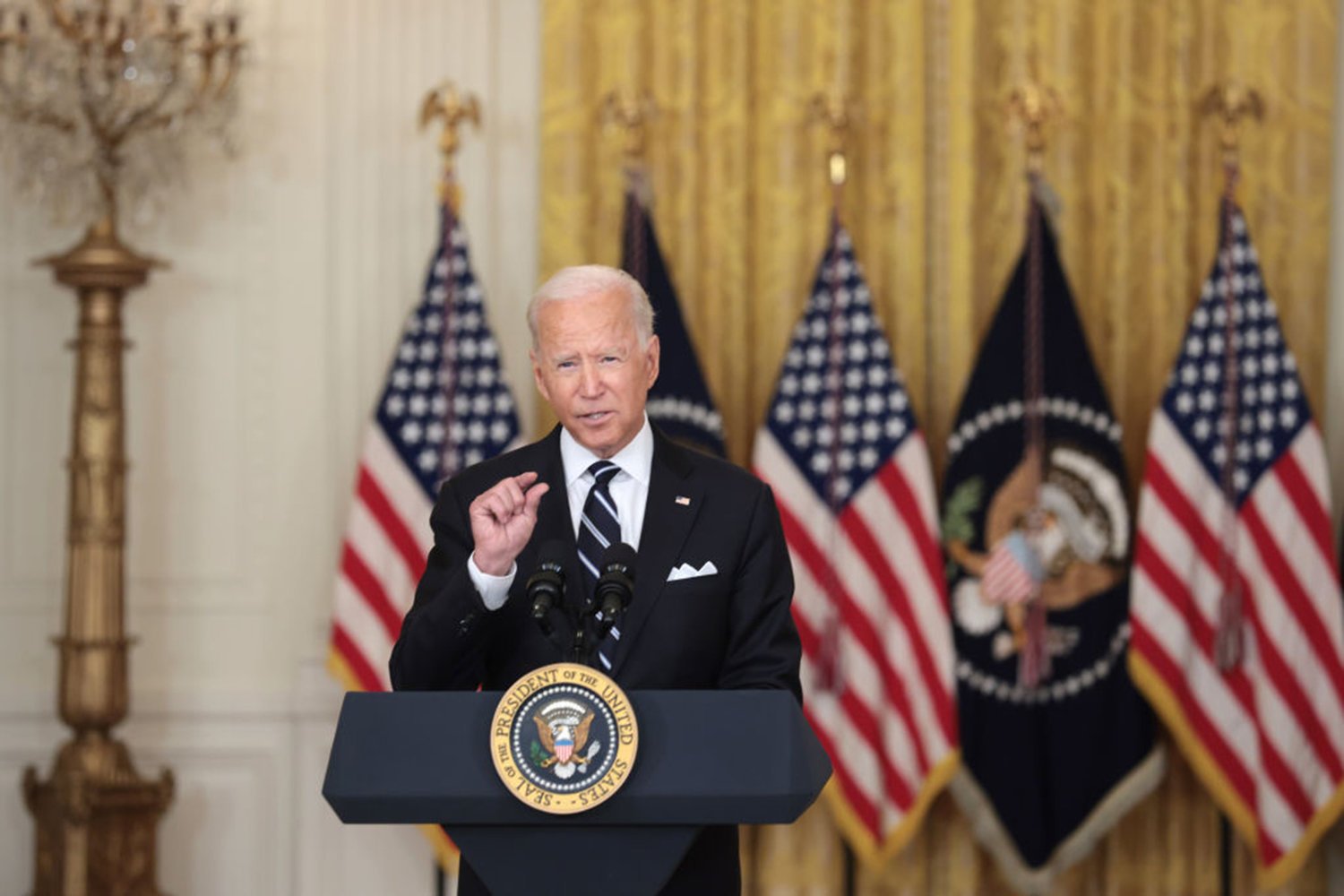U.S. President Joe Biden gestures as he delivers remarks on the COVID-19 response and the vaccination program in the East Room of the White House on August 18, 2021 in Washington, DC. (Anna Moneymaker/Getty Images/TNS)