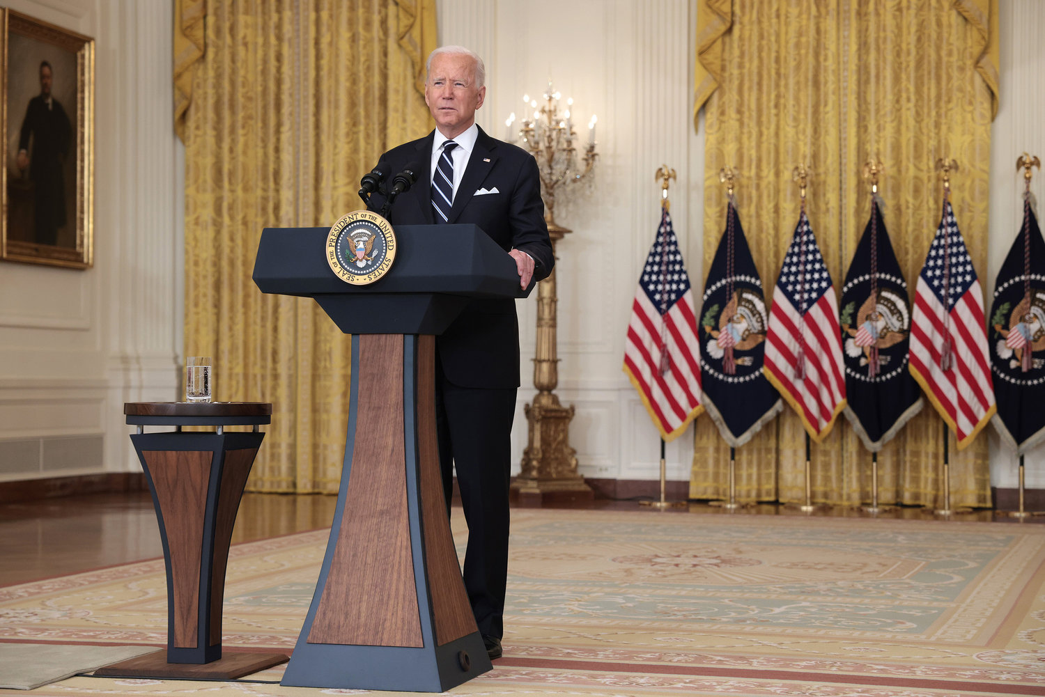 U.S. President Joe Biden delivers remarks on the COVID-19 response and the vaccination program in the East Room of the White House on Wednesday, August 18, 2021 in Washington, D.C. (Anna Moneymaker/Getty Images/TNS)