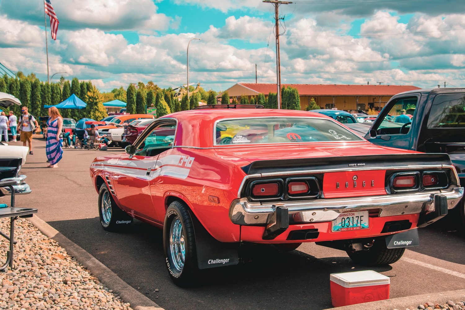 A "Cruise Centralia" sticker is displayed on the back window of a Dodge Challenger parked outside the Veterans Memorial Museum on Sunday for the Rust or Shine Car Show and Music Festival in Chehalis.