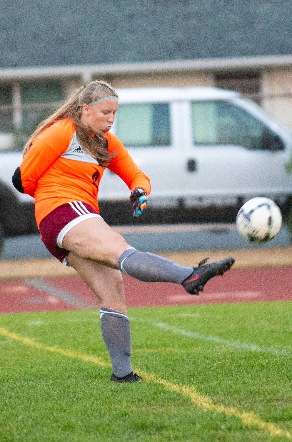 W.F. West sophomore keeper Carlie Deskins boots the ball downfield against Montesano on Tuesday at home.