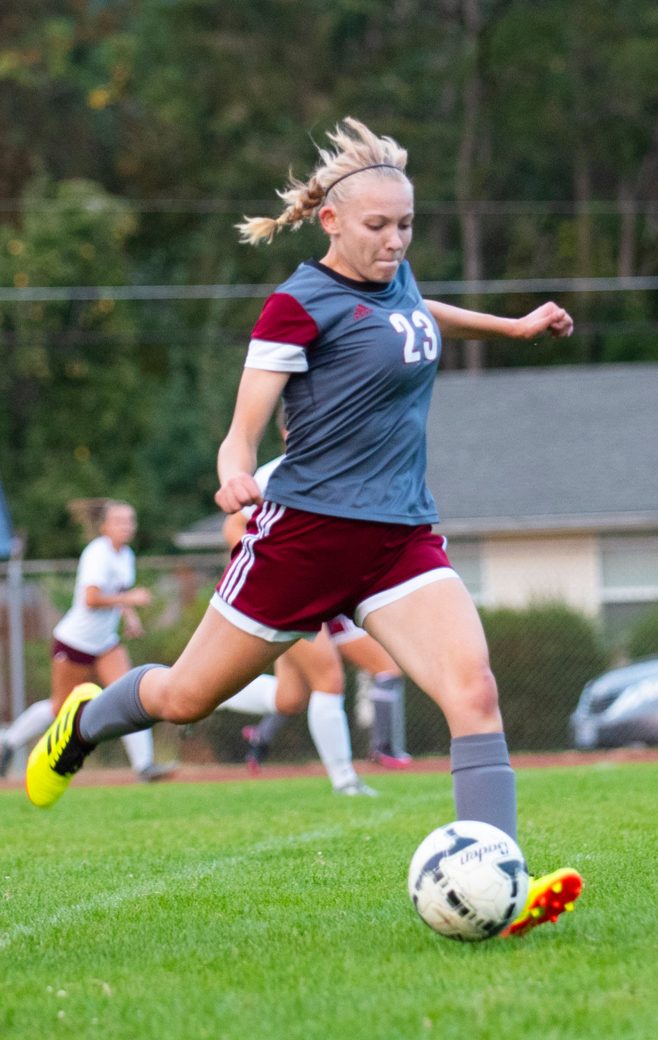 W.F. West senior Jocelyn Robertson boots the ball downfield against Montesano on Tuesday at home.
