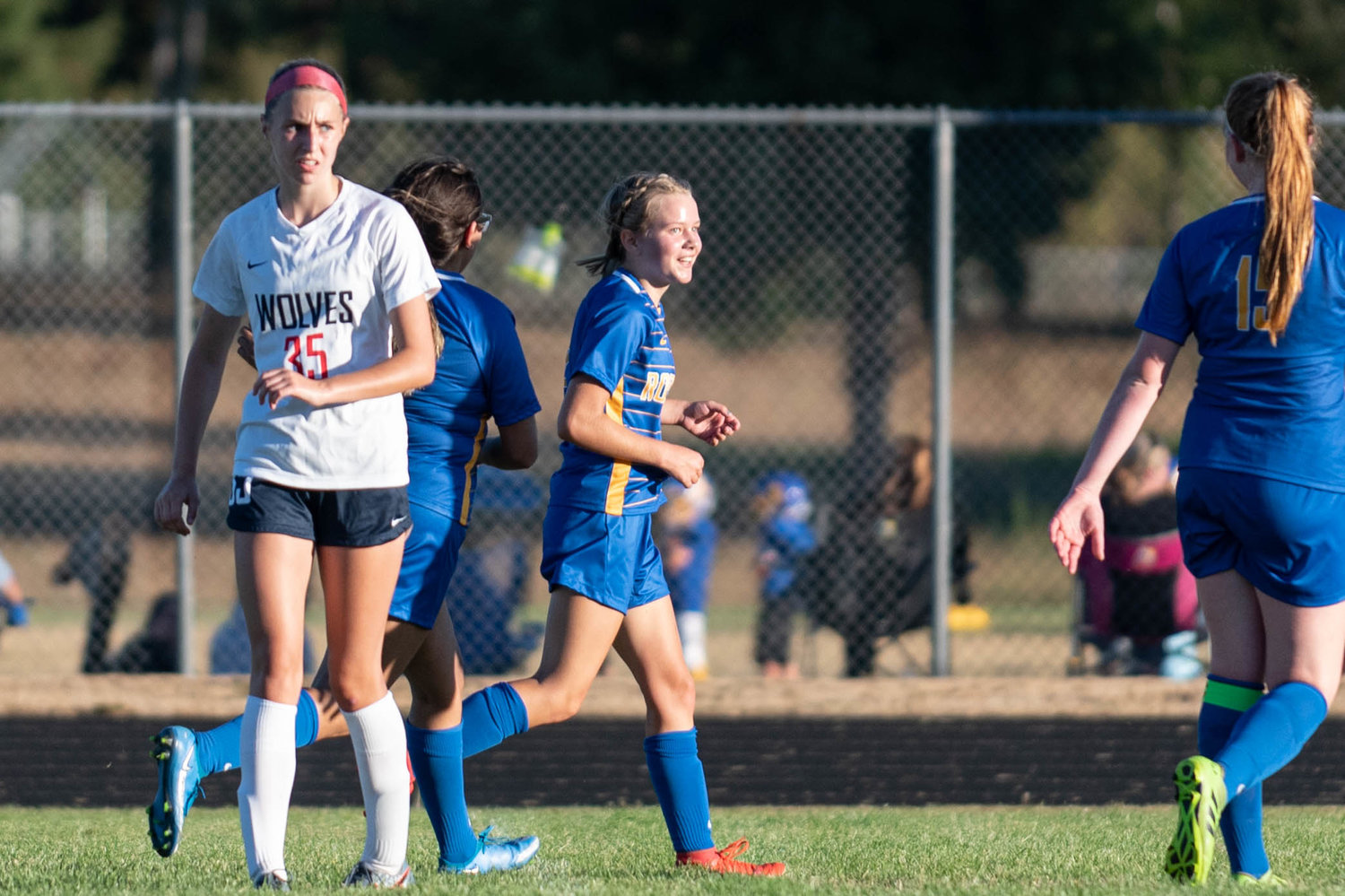 Freshmen midfielder Piper Quarnstrom smiles after scoring a goal for Rochester in its game against Black Hills Wednesday.