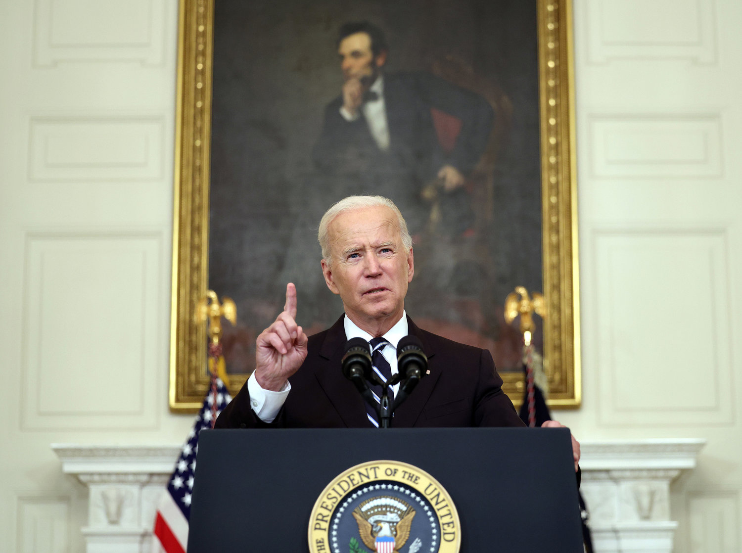 President Joe Biden speaks about combating the coronavirus pandemic, in the State Dining Room of the White House on Thursday, Sept. 9, 2021 in Washington, D.C. (Kevin Dietsch/Getty Images/TNS)