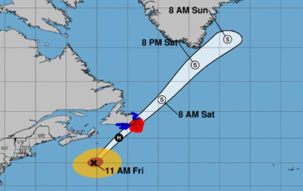 Hurricane Larry lost some of its intensity Friday, which is the climatological peak of the Atlantic hurricane season, but it's still expected to make landfall in Newfoundland, Canada, as a Category 1 hurricane Friday night. (National Hurricane Center/TNS)