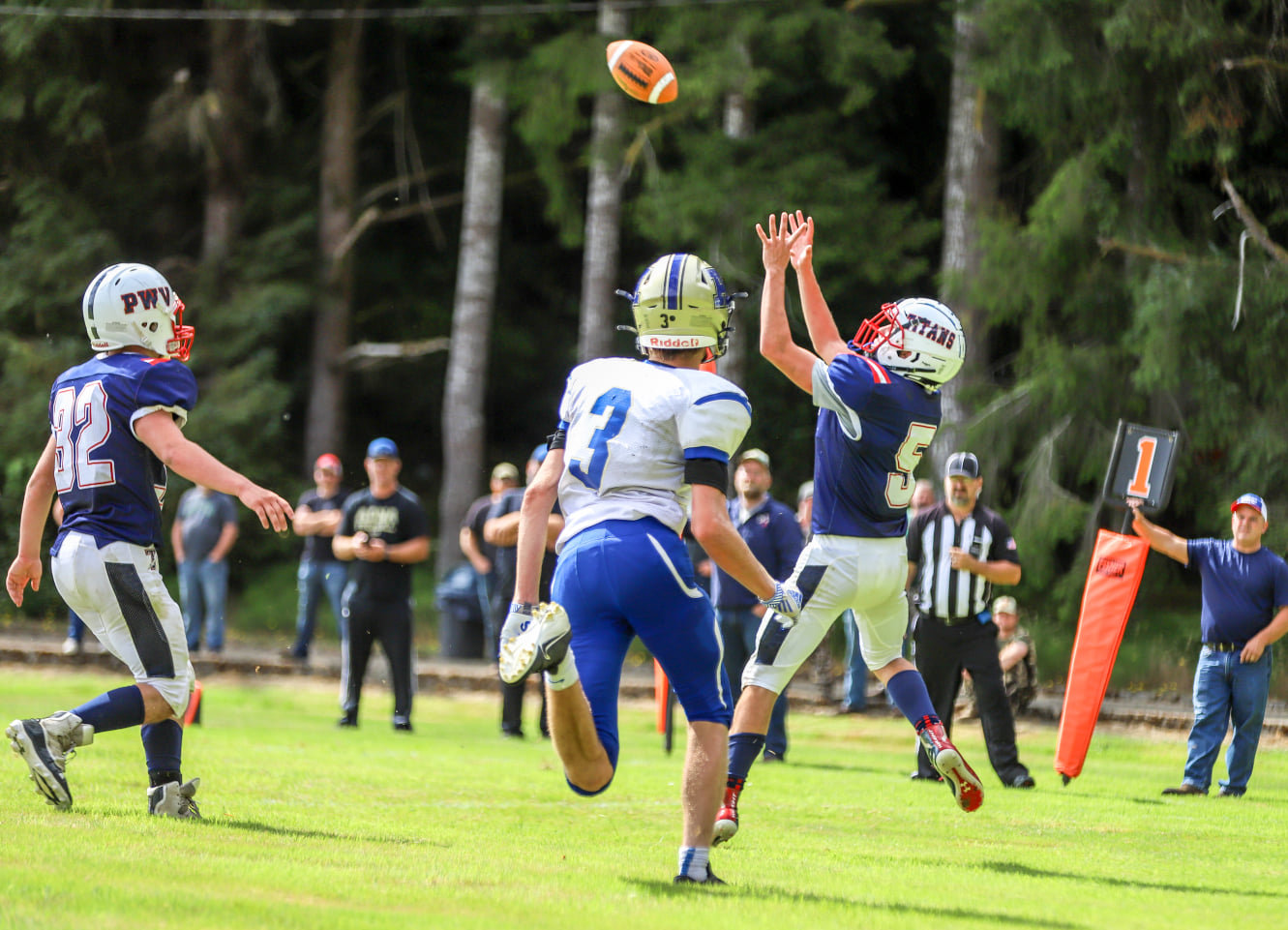 PWV junior Wil Clements (5) hauls in a pass from Tyler Adkins on Saturday against Adna.