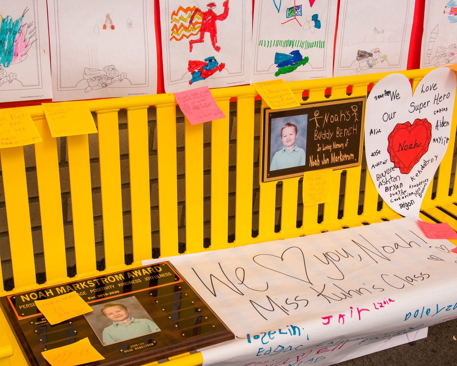 The bench is dedicated to Noah Markstrom, a Tiny Tiger who died at age 6 from brain cancer in November 2019. It was donated by the Noah Jon Markstrom Foundation, which was founded by Noah’s family. The foundation’s mission is to raise scholarships and student loan payment grants for students of pediatric medicine, because Noah was so fond of the staff at Mary Bridge Children’s Hospital.