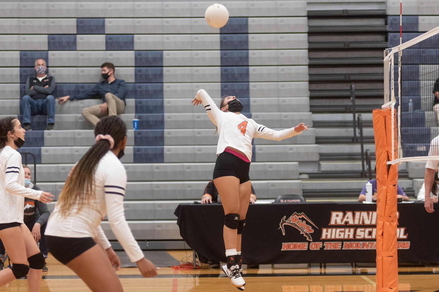Senior outside hitter Natasha Salinas-Wood goes for a spike in Rainier's defeat at the hands of Morton/White Pass Tuesday night.