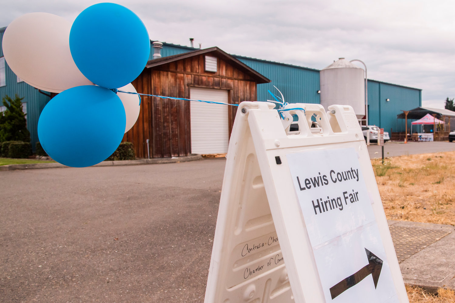 Balloons blow in the wind during a Lewis County Hiring Fair at Dick's Brewing in Centralia in September.