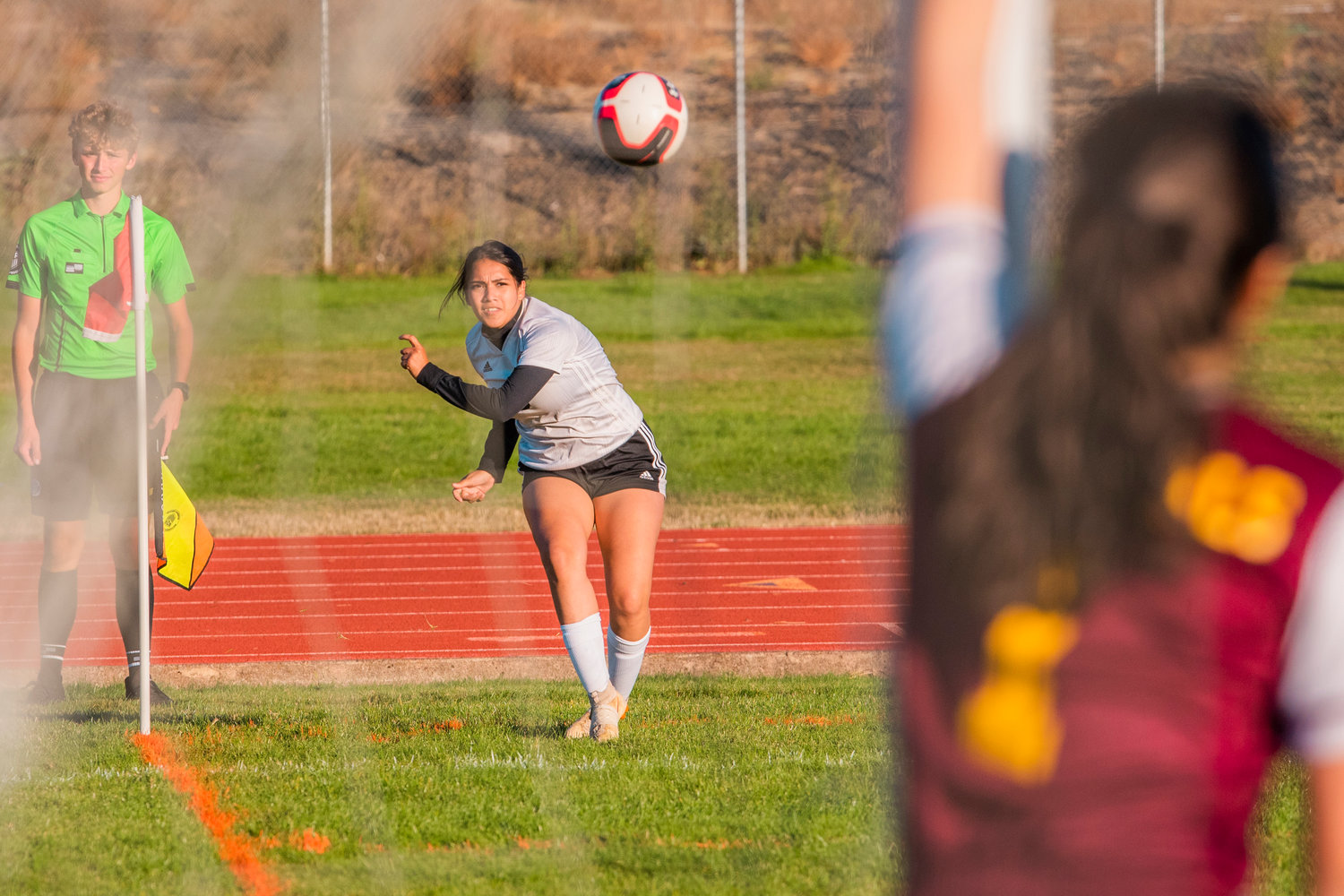 Napavine’s Natalya Marcial (3) takes a corner kick during a game against Winlock Wednesday evening.