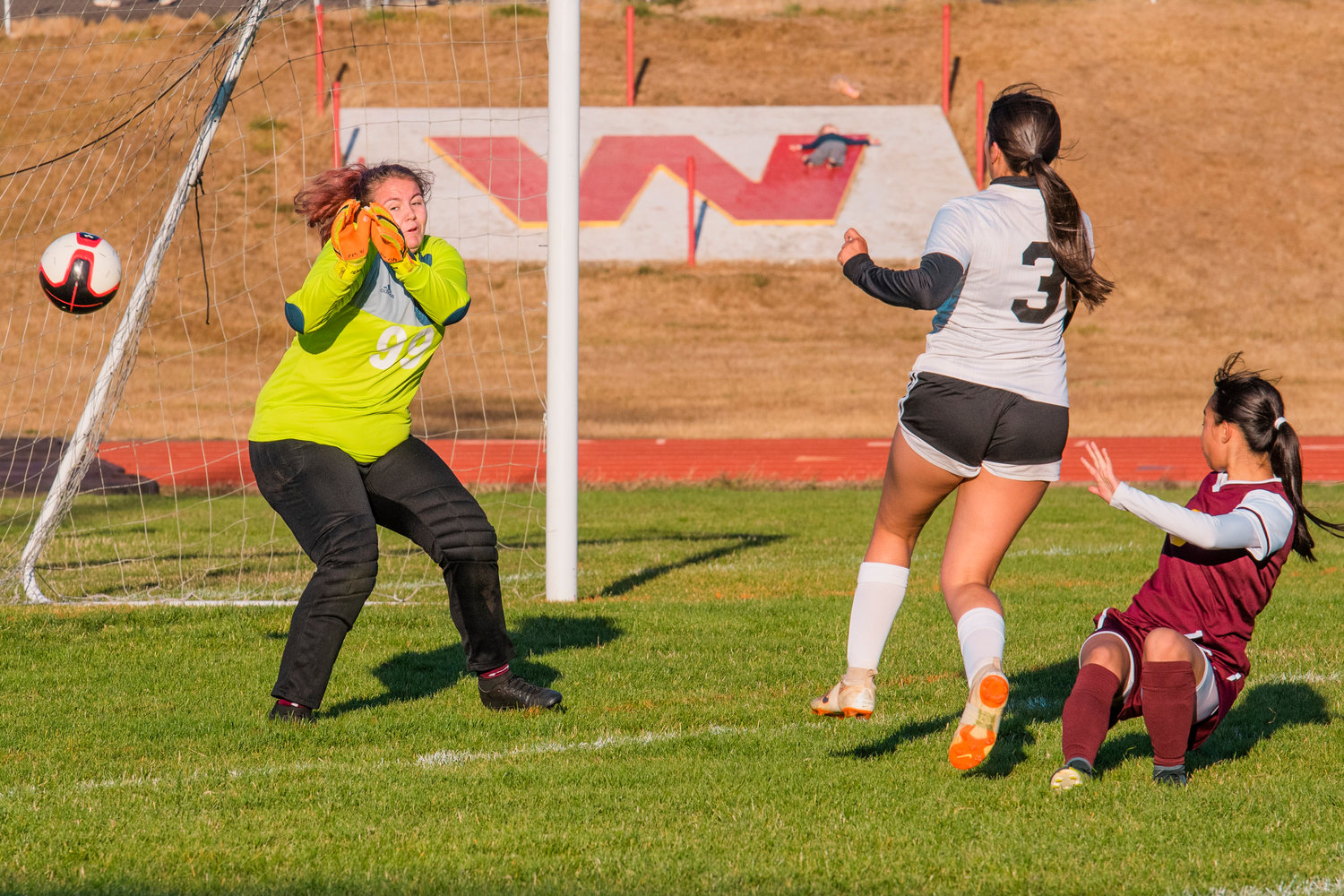 Napavine’s Natalya Marcial (3) scores as the ball flies past the Winlock goalkeeper during a game Wednesday evening.