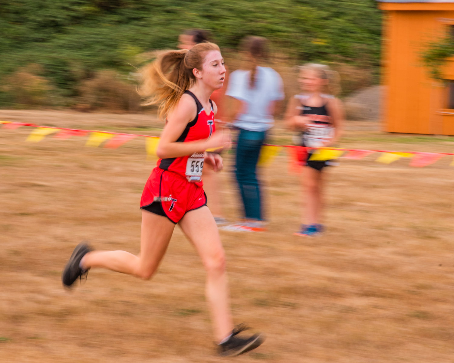 FILE PHOTO -- Toledo’s Karley Harris runs towards the finish line during a cross country meet on Sept. 16, 2021.