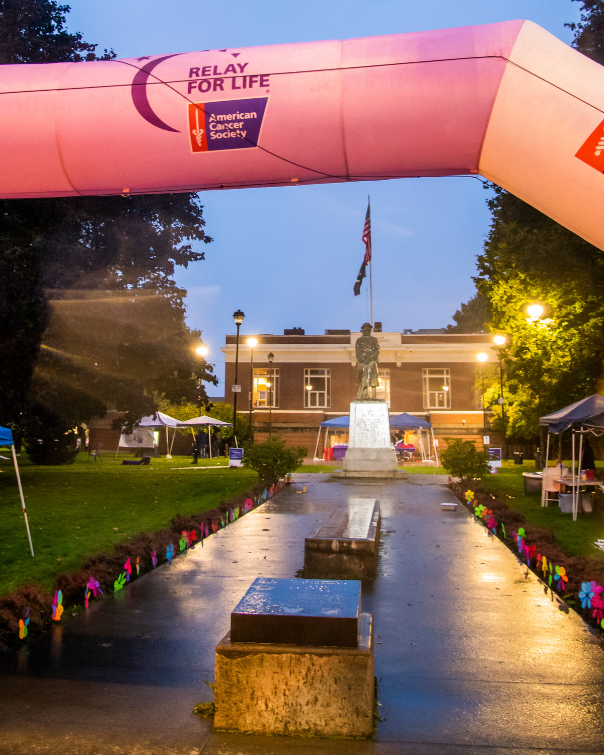 Rain pours during a Relay For Life event at George Washington Park in Centralia Saturday night.