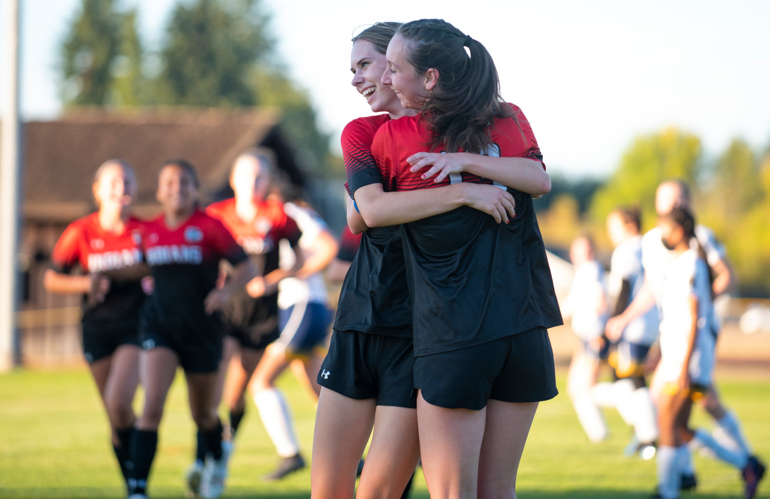 Marina Smith, left and Rose Dillon celebrates Smith's goal in the 17th minute.