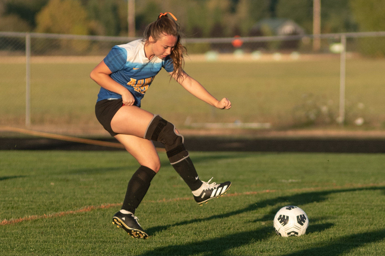 Junior forward Destiny Roller fires a shot at goal for Adna in the Pirates 2-1 loss to Onalaska Monday afternoon.