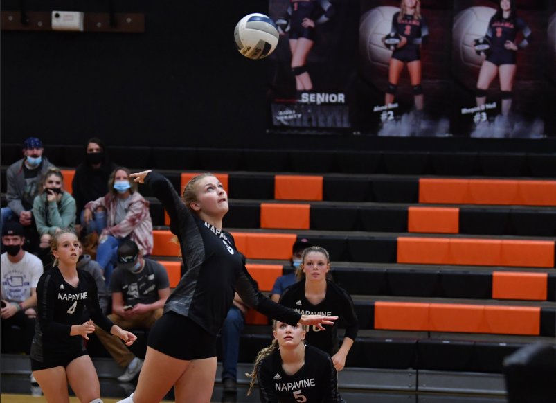 Keira O'Neill spikes the ball against Kalama Monday evening. O'Neill finished with four blocks.