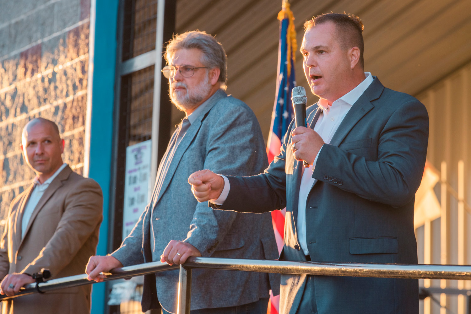 Washington State Sen. John Braun uses a mic to speak to crowds during a town hall event at the Veterans Memorial Museum alongside Sate Reps. Peter Abbarno and Ed Orcutt last September in Chehalis.