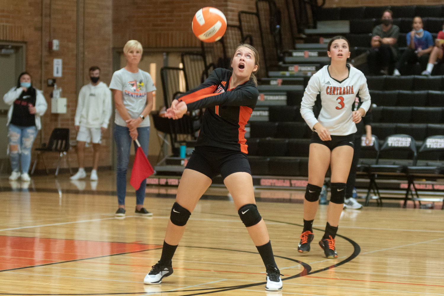 Centralia libero Evie Rooklidge digs the ball in the Tigers loss to Black Hills Tuesday night.