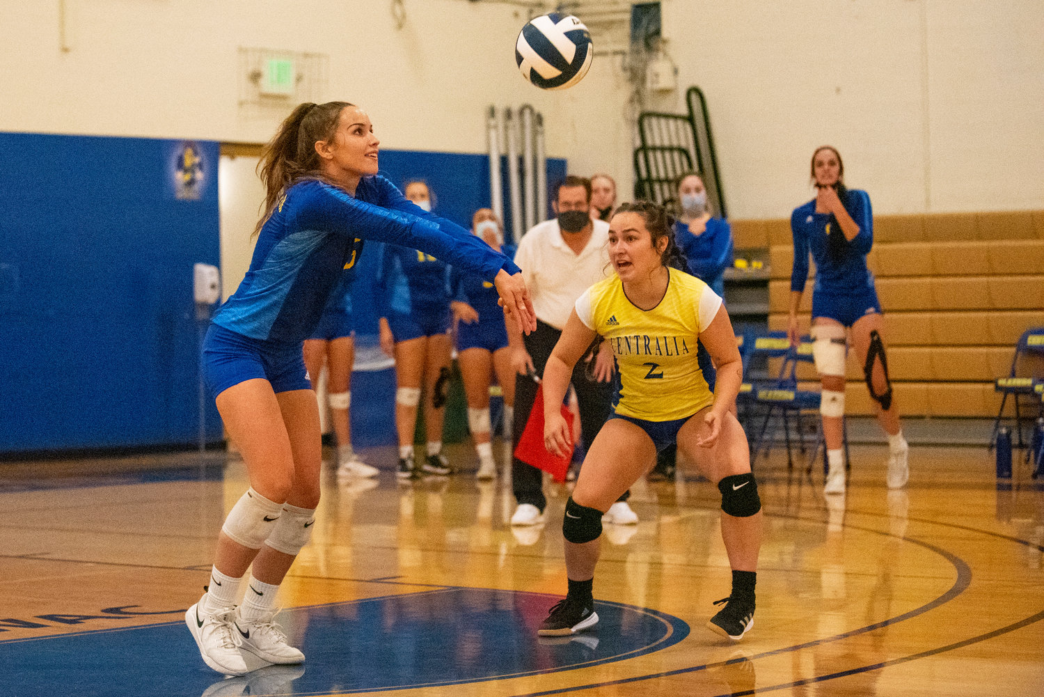 Centralia College's Kate Demery (5) bumps the ball in serve receive against Highline on Wenesday.