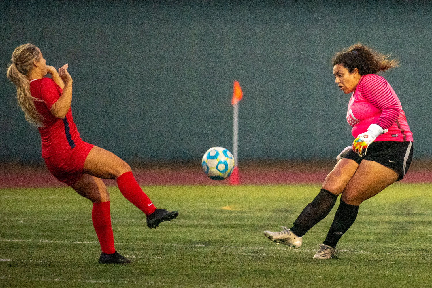 Centralia College keeper Marisol Vargas, right, clears the ball against Lower Columbia College on Wednesday.