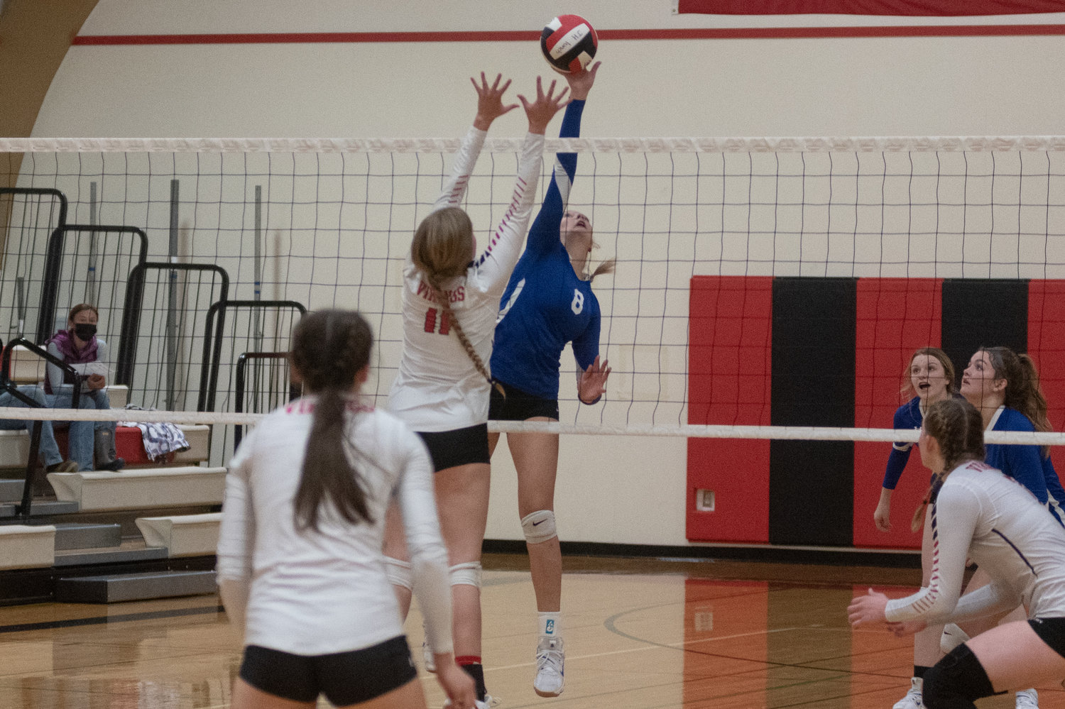 Toutle Lake middle Grace Hadaller spikes the ball in the Ducks five set win over Mossyrock Wednesday night.