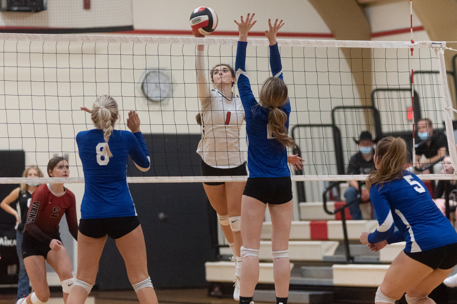 Mossyrock outside hitter Payton Torrey spikes the ball in the Vikings five set loss to Toutle Lake Wednesday night.