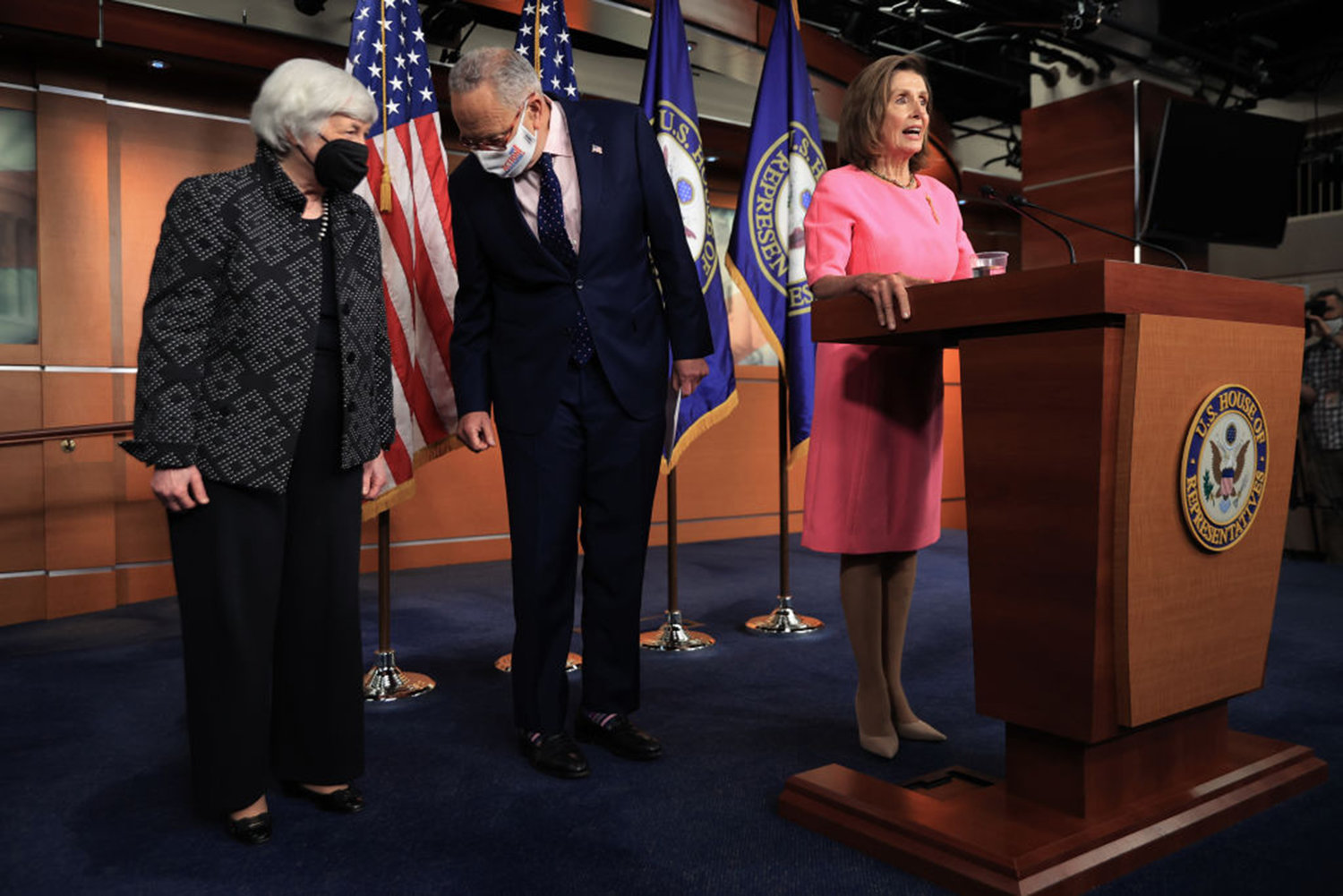 From left to right: Treasury Secretary Janet Yellen briefly joins Senate Majority Leader Charles Schumer, D-N.Y., and Speaker of the House Nancy Pelosi, D-Calif., during a news conference at the U.S. Capitol on Sept. 23, 2021, in Washington, D.C. Pelosi, Senate Majority Leader Charles Schumer and moderate and progressive congressional Democrats met with President Joe Biden at the White House last Wednesday in an attempt to hammer out a deal on infrastructure and budget legislation. (Chip Somodevilla/Getty Images/TNS)
