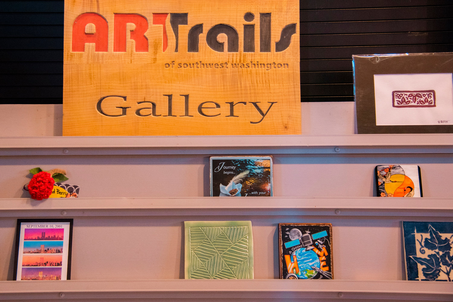 Pieces of art sit on display inside the historic Centralia Train Station during an ARTrails Studio Tour on Saturday.
