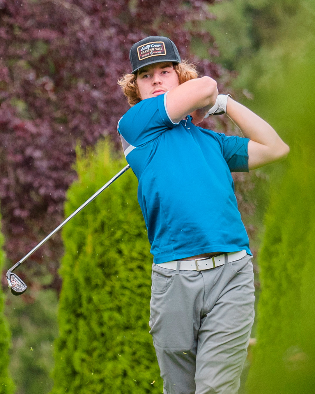 Rochester’s Braden Hartley swings his club Monday afternoon at Riverside Golf Course in Chehalis.