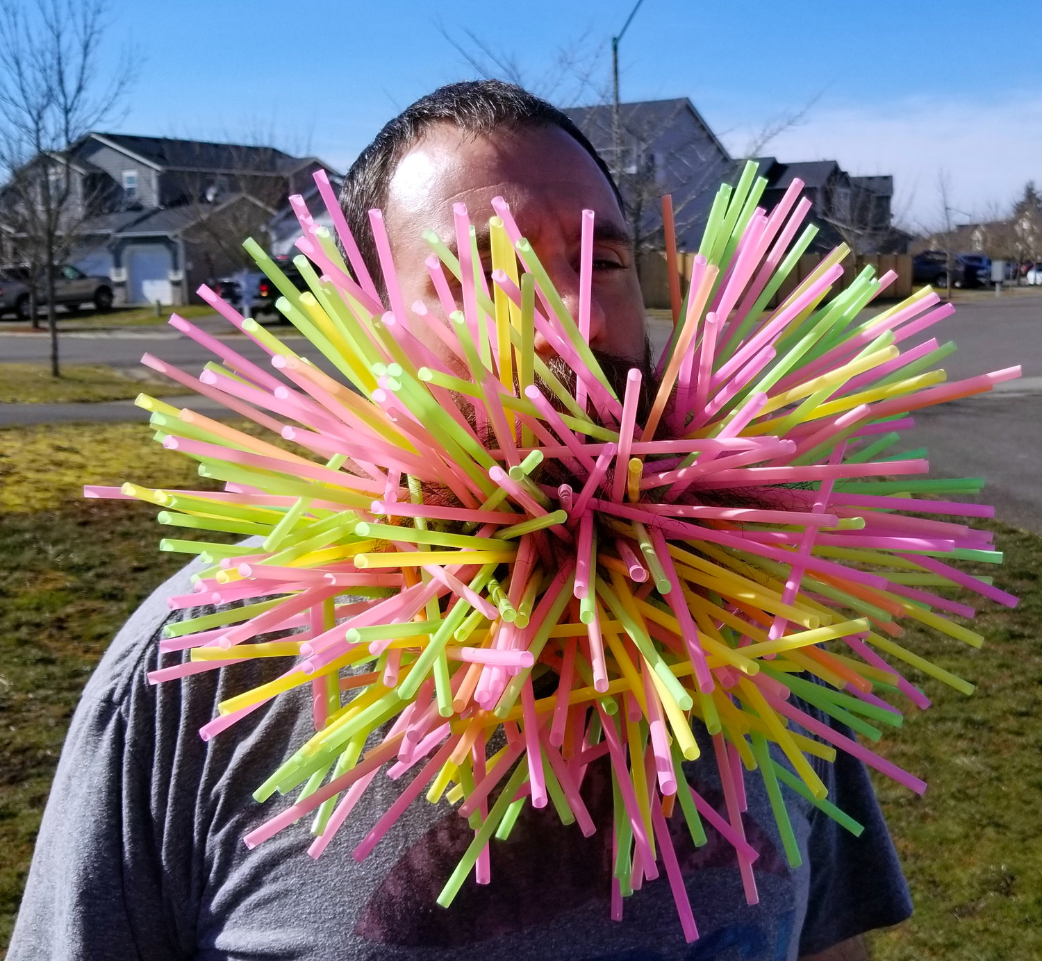 Joel Strasser holds  the world record for the amount of plastic straws one can place in their beard.