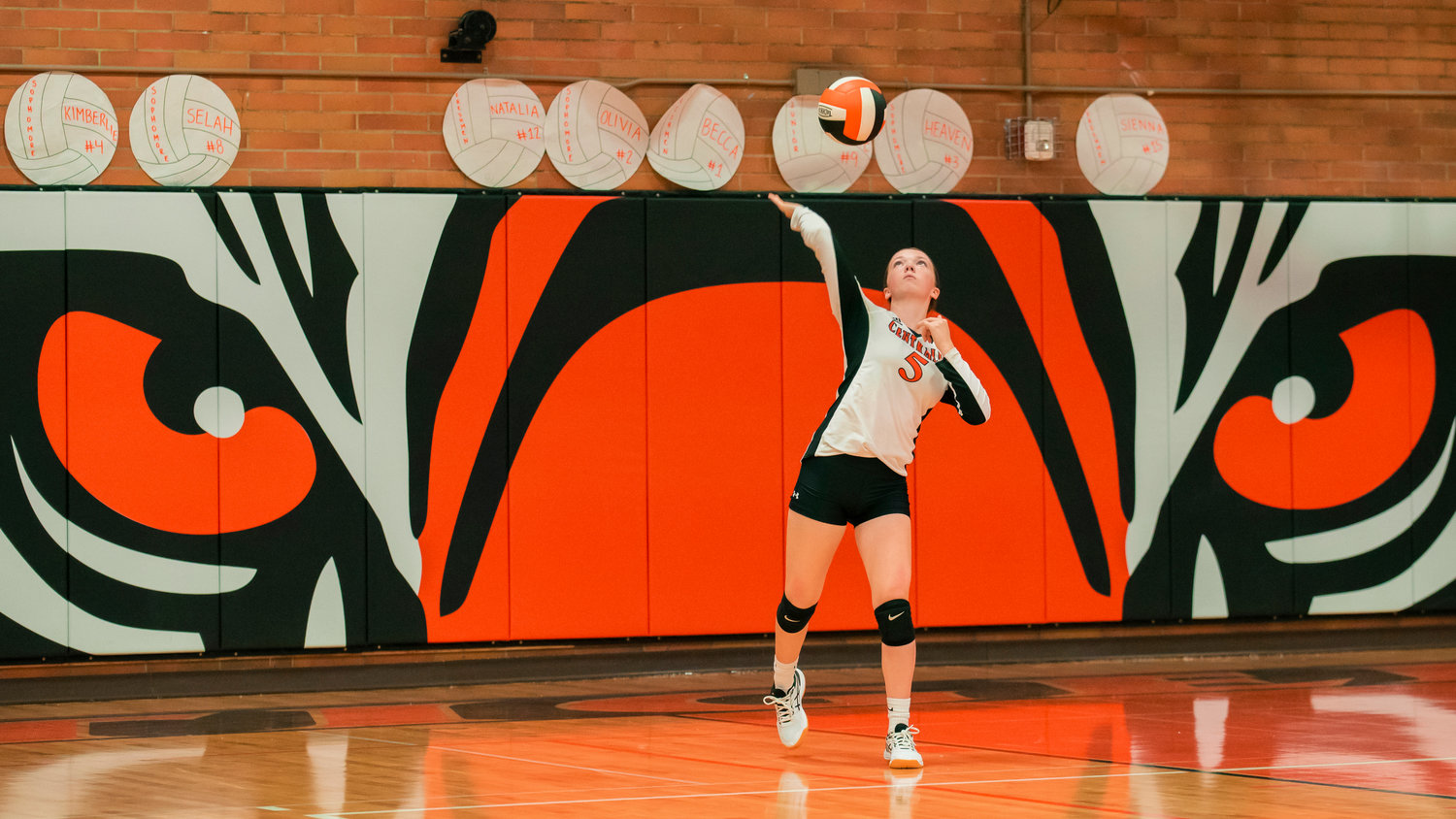 Centralia’s Gracie Schofield (5) prepares to serve up a shot during a game Tuesday night at Centralia High School.