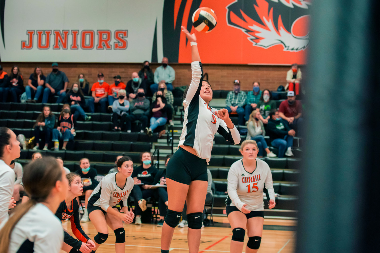 Centralia’s Makayla Chavez (9) goes up for the ball during a game against Tumwater Tuesday night.