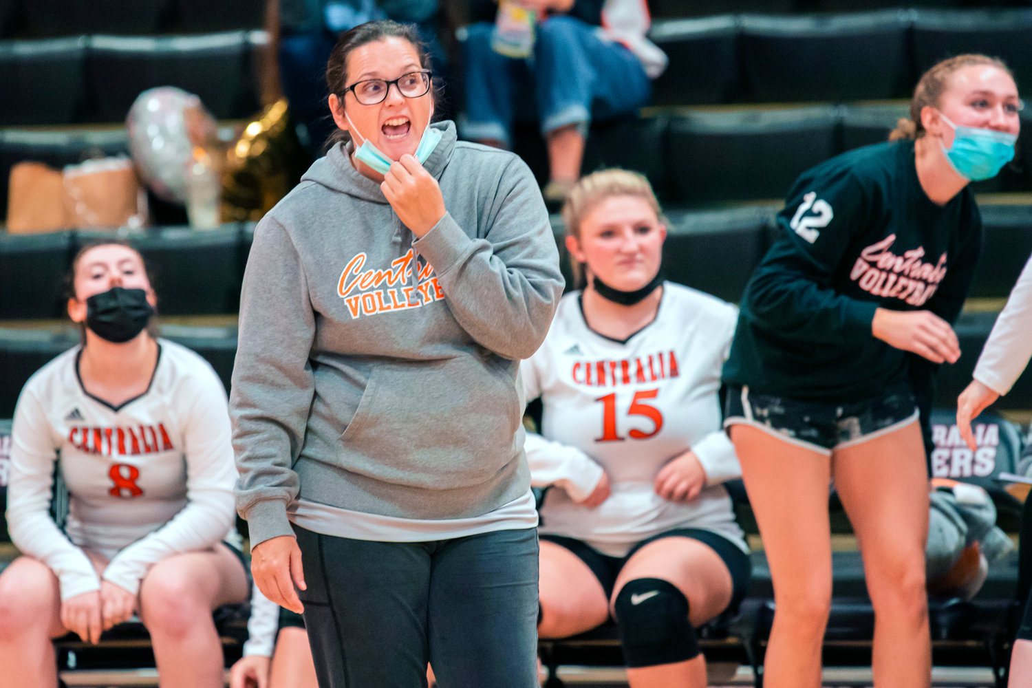 Centralia Volleyball Coach Marti Smith yells to athletes on the court during a match against Tumwater Tuesday night.