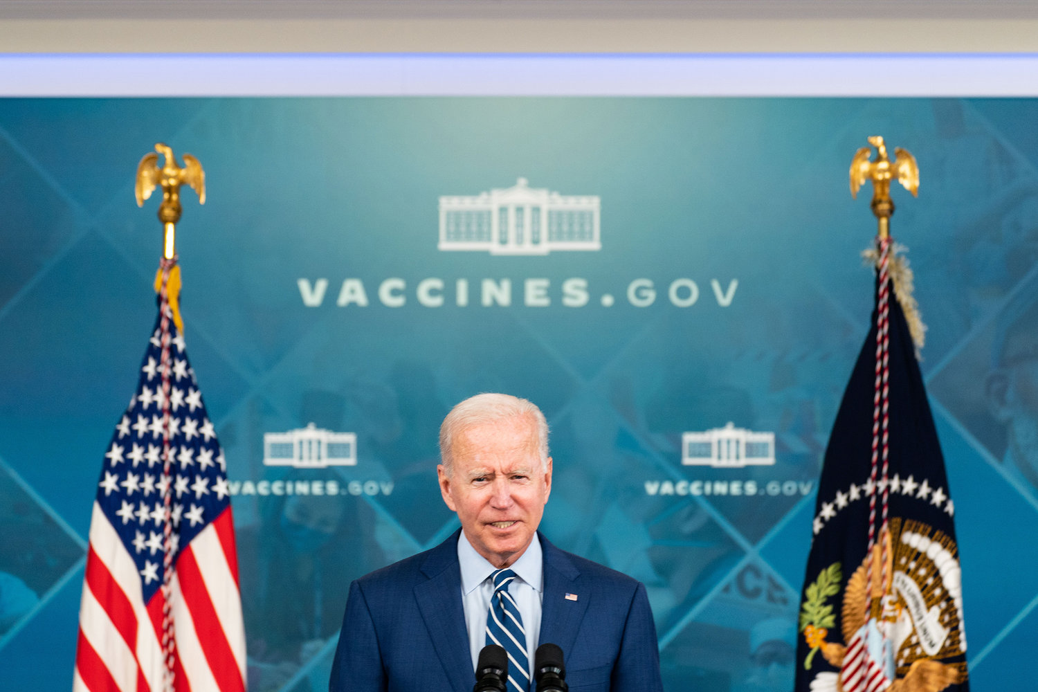 President Joe Biden speaks before receiving a booster vaccination shot for COVID-19 in the South Court Auditorium of the Eisenhower Executive Office Building on the White House Complex on Monday, Sept. 27, 2021, in Washington, D.C. (Kent Nishimura/Los Angeles Times/TNS)