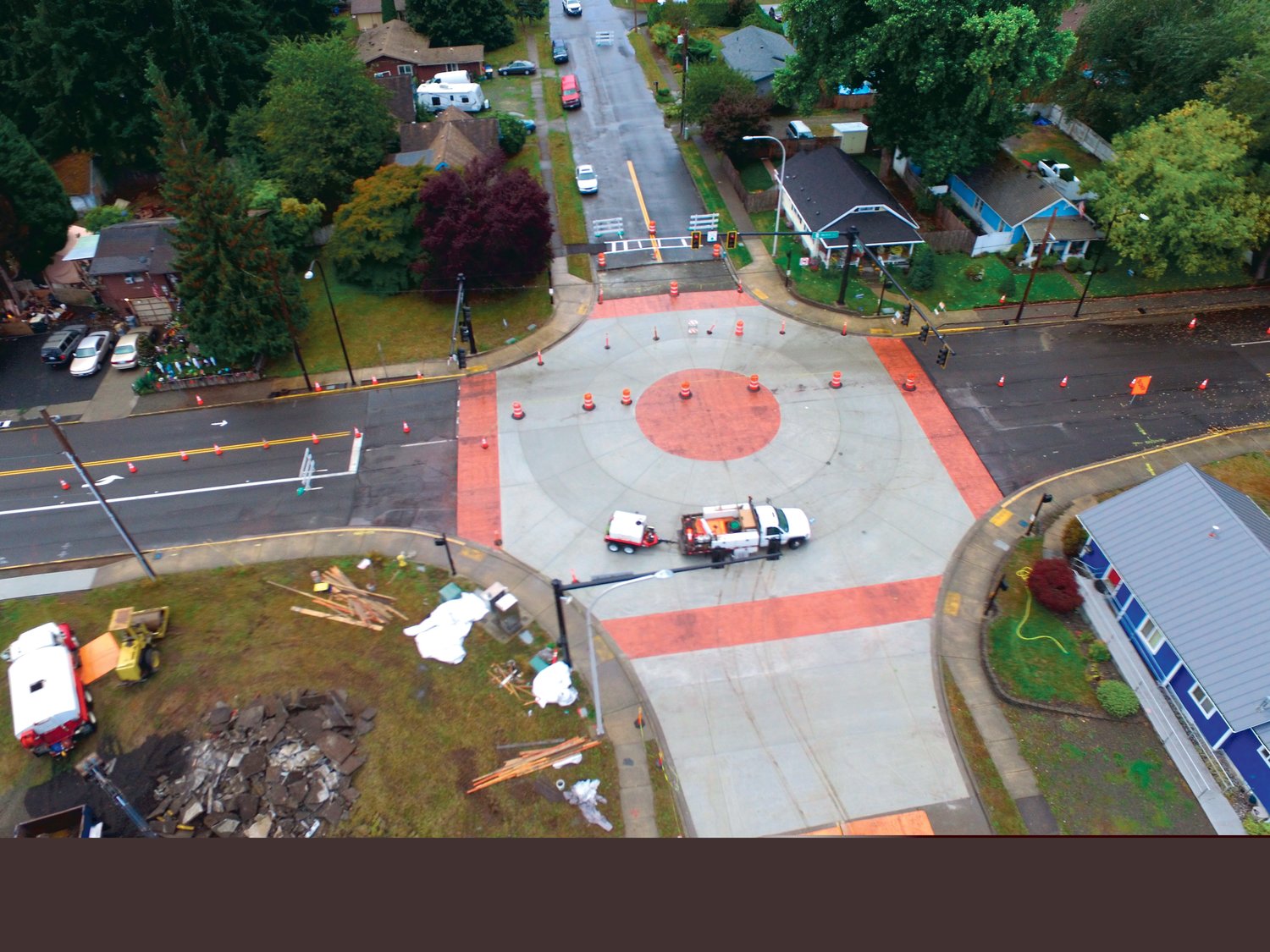 The intersection of Yew and Mellen streets is pictured under construction in this photograph taken with a drone by the City of Centralia.