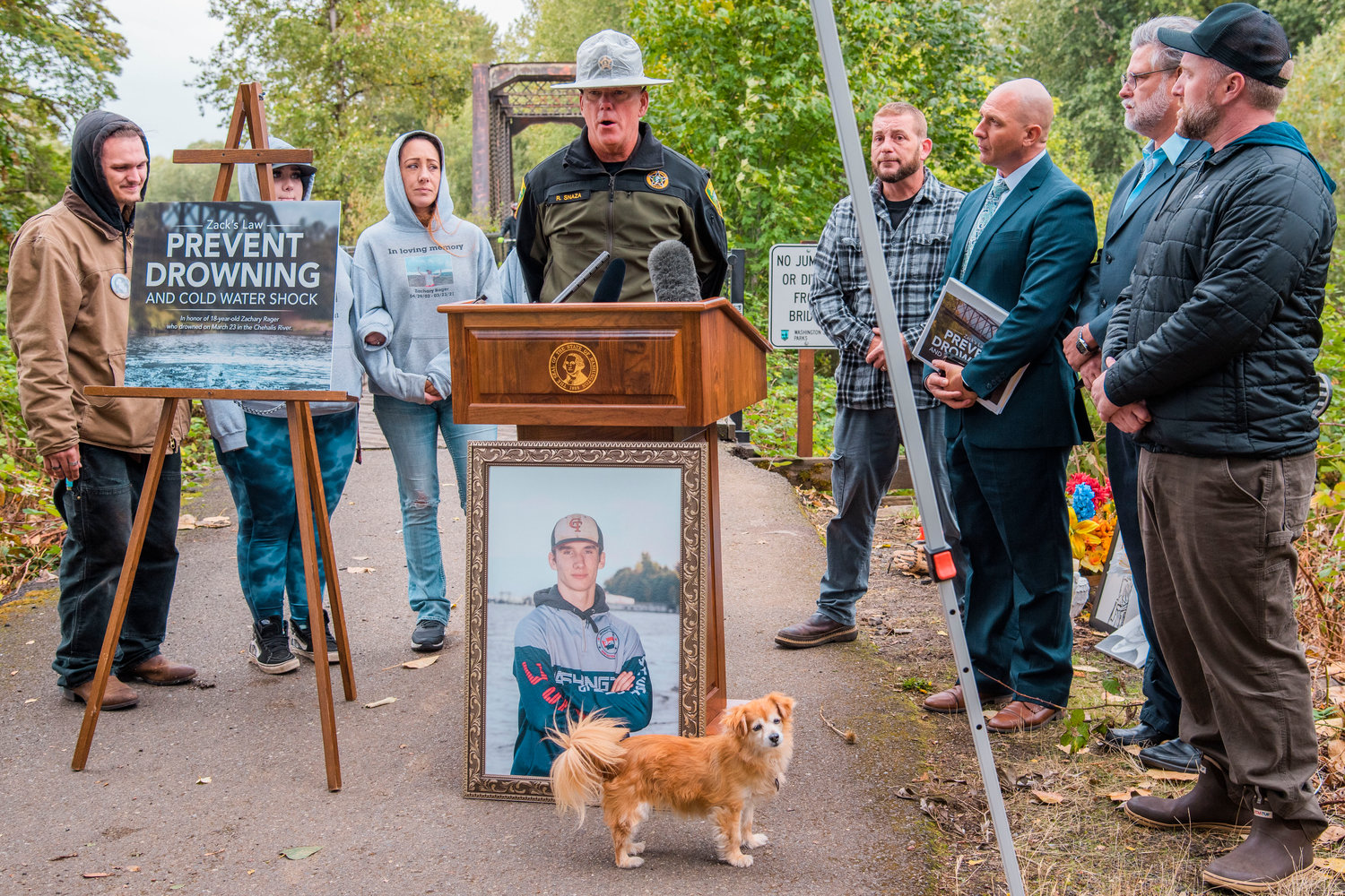 Sheriff Rob Snaza talks about the importance of education around cold water shock and drowning during an event honoring the life of Zachary Rager who drowned March 23 in the Chehalis River.