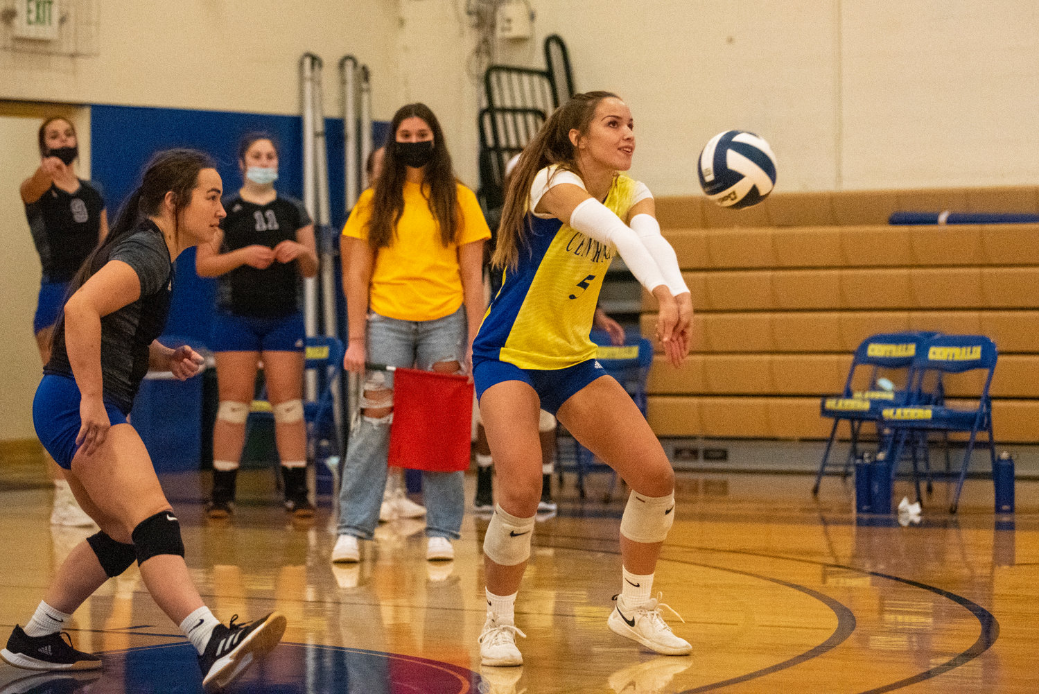 Centralia College libero Kate Demery (5), a Toledo native, gets under a South Puget Sound serve on Wednesday at home.