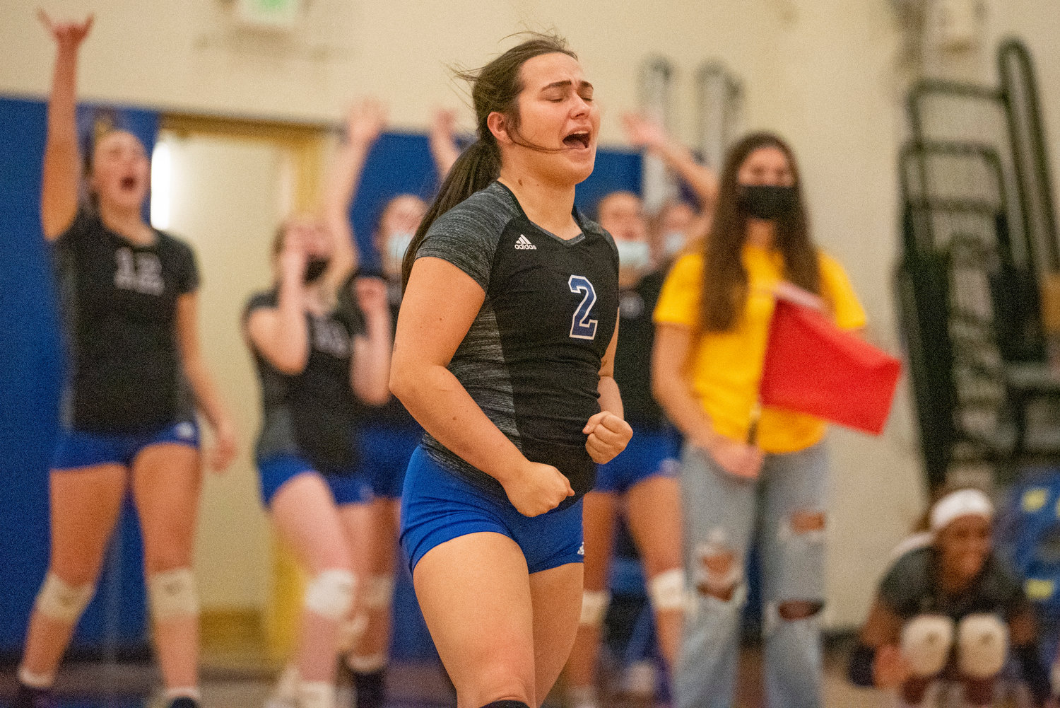 Centralia College's Casey Wentz (2) celebrates a point for the Trailblazers against South Puget Sound on Wednesday.